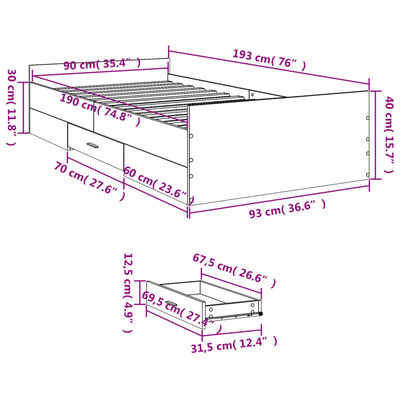 vidaXL Cama con cajones madera de ingeniería gris Sonoma 90x190 cm