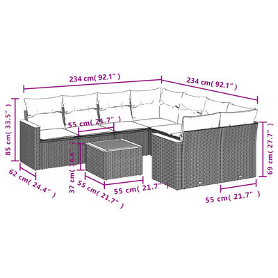 vidaXL Set de muebles de jardín 9 pzas y cojines ratán sintético gris