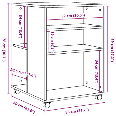 vidaXL Mesa auxiliar ruedas madera ingeniería marrón roble 55x60x78 cm