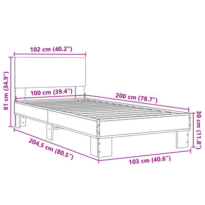 vidaXL Estructura cama madera ingeniería metal roble humo 100x200 cm