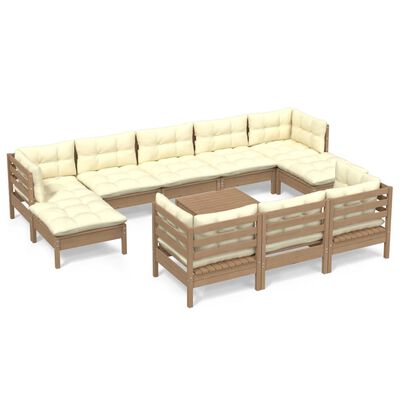 vidaXL Muebles de jardín 11 pzas y cojines madera de pino marrón miel