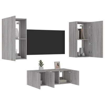 vidaXL Muebles TV pared con LED 4 pzas madera ingeniería gris Sonoma