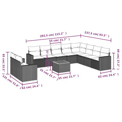 vidaXL Set de sofás de jardín 11 pzas y cojines ratán sintético negro