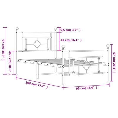 vidaXL Estructura de cama con cabecero y estribo metal negro 90x190 cm