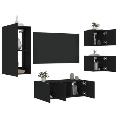 vidaXL Muebles de TV de pared con LED 5 pzas madera ingeniería negro