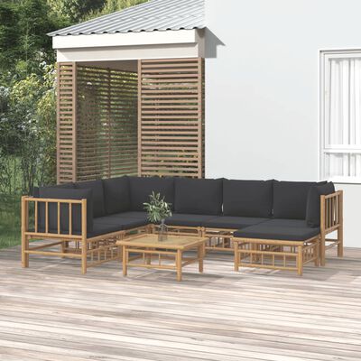 vidaXL Set de muebles de jardín 8 piezas bambú con cojines gris oscuro