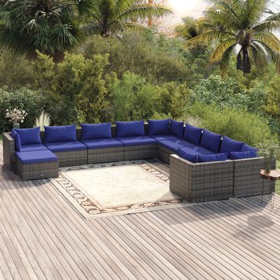 vidaXL Set de muebles de jardín 11 pzas y cojines ratán sintético gris