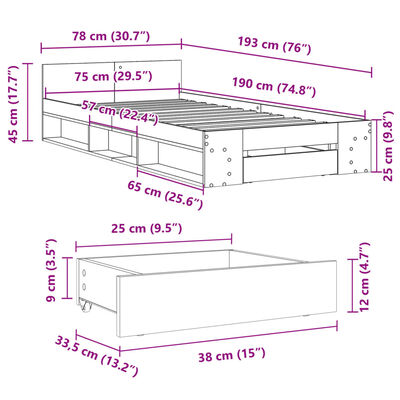 vidaXL Cama con cajón madera de ingeniería roble Sonoma 75x190 cm