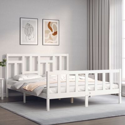 vidaXL Estructura de cama matrimonio con cabecero madera maciza blanco