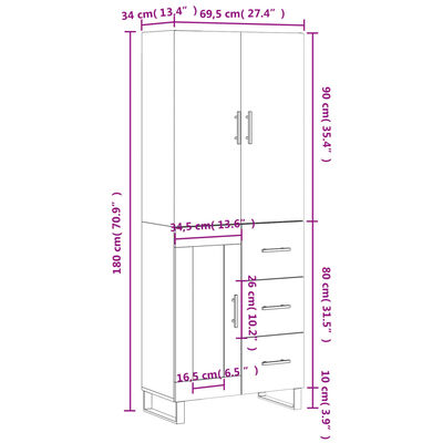 vidaXL Aparador alto madera contrachapada gris sonoma 69,5x34x180 cm