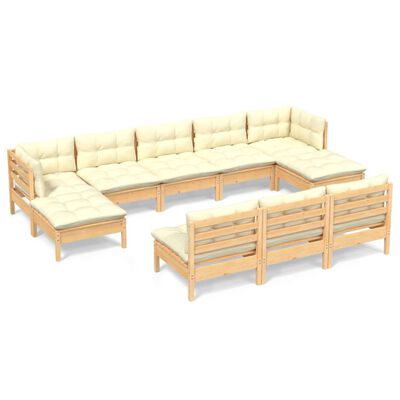 vidaXL Muebles de jardín 10 piezas cojines madera de pino color crema