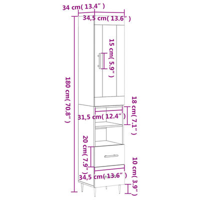 vidaXL Aparador alto madera contrachapada blanco 34,5x34x180 cm