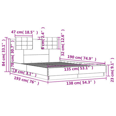 vidaXL Cama con cabecero madera de ingeniería gris Sonoma 135x190 cm