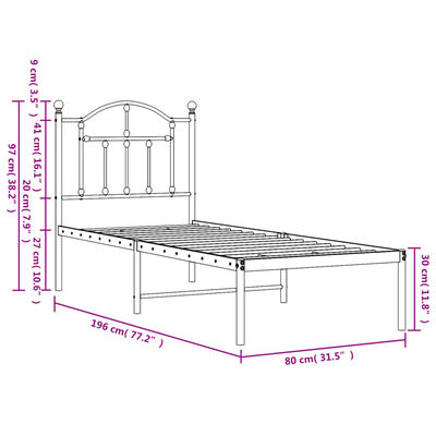 vidaXL Estructura de cama de metal con cabecero blanco 75x190 cm