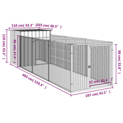 vidaXL Caseta perros con corral acero galvanizado gris 110x405x110 cm