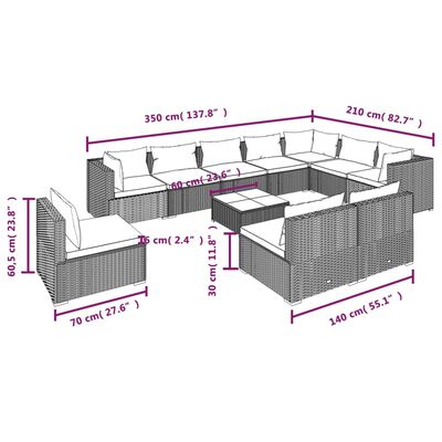 vidaXL Set de muebles de jardín 11 pzas y cojines ratán sintético gris