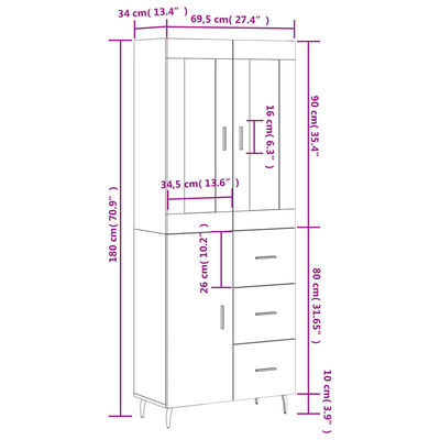 vidaXL Aparador alto madera contrachapada marrón roble 69,5x34x180 cm