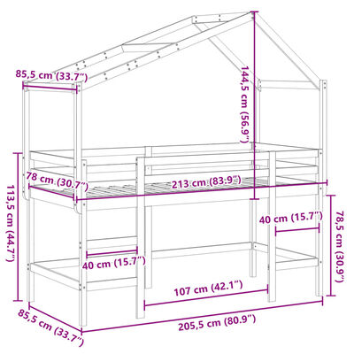 vidaXL Cama alta con escalera y techo madera maciza de pino 80x200 cm