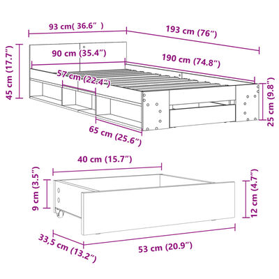 vidaXL Cama con cajón madera de ingeniería roble Sonoma 90x190 cm