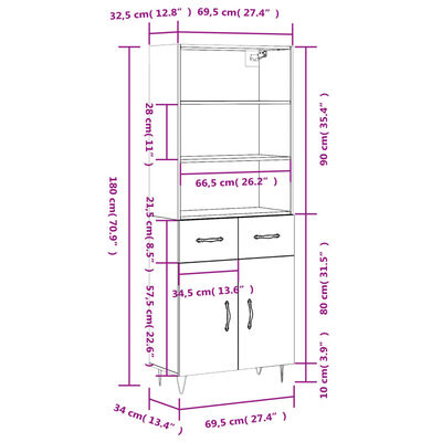 vidaXL Aparador alto madera contrachapada blanco 69,5x34x180 cm