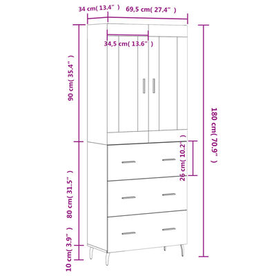 vidaXL Aparador alto madera contrachapada marrón roble 69,5x34x180 cm