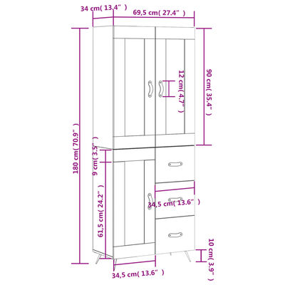 vidaXL Aparador alto madera contrachapada marrón roble 69,5x34x180 cm