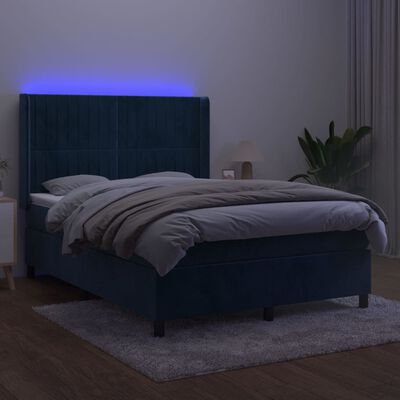 vidaXL Cama box spring colchón y LED terciopelo azul oscuro 140x200 cm