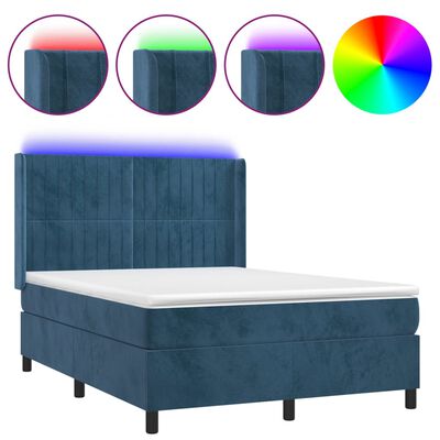 vidaXL Cama box spring colchón y LED terciopelo azul oscuro 140x200 cm