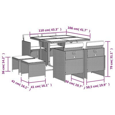 vidaXL Set comedor jardín 9 pzas y cojines ratán sintético gris