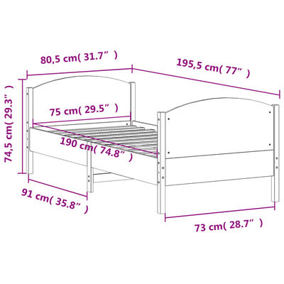 vidaXL Estructura de cama sin colchón madera maciza pino 75x190 cm