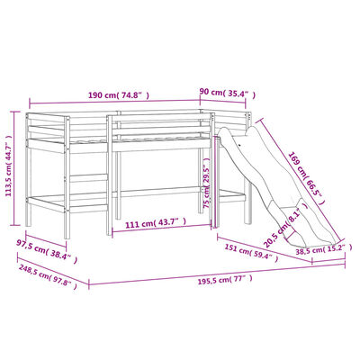 vidaXL Cama alta para niños con cortinas madera pino azul 90x190 cm