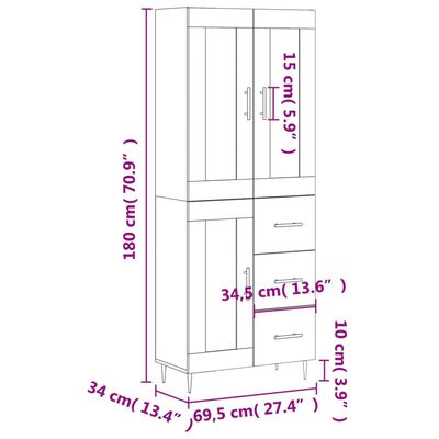 vidaXL Aparador alto madera contrachapada blanco 69,5x34x180 cm