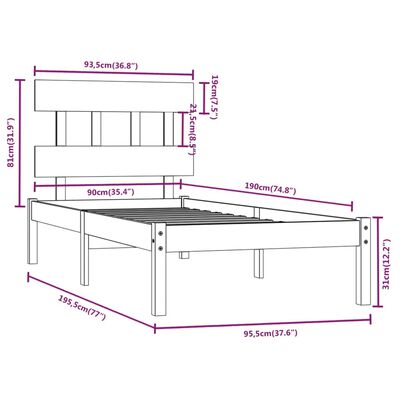 vidaXL Estructura de cama individual madera maciza negra 90x190 cm