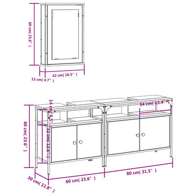 vidaXL Set de muebles baño 3 pzas madera contrachapada roble ahumado