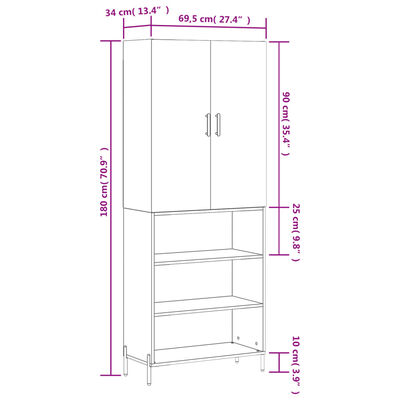 vidaXL Aparador alto madera contrachapada gris sonoma 69,5x34x180 cm