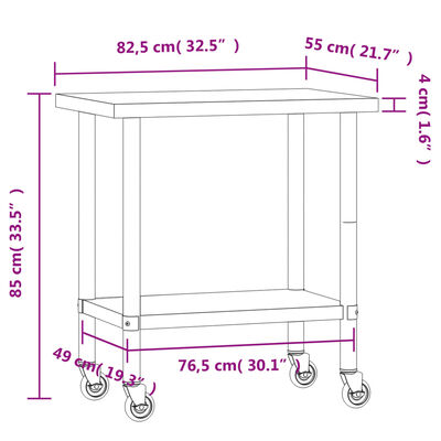 vidaXL Mesa de trabajo de cocina con ruedas acero inox 82,5x55x85 cm