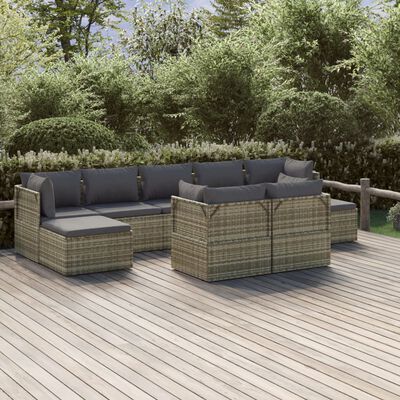 vidaXL Set de muebles de jardín 9 pzas y cojines ratán sintético gris