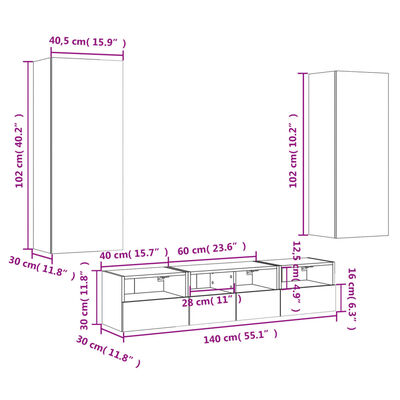 vidaXL Muebles de TV de pared 5 pzas madera ingeniería gris hormigón