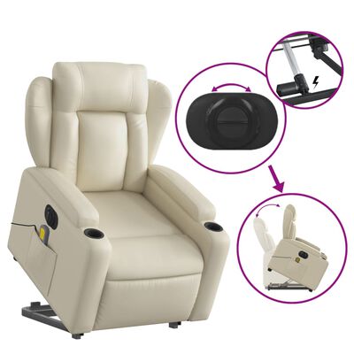 vidaXL Sillón de masaje elevable eléctrico cuero sintético crema