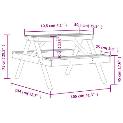 vidaXL Mesa de pícnic madera maciza Douglas 105x134x75 cm