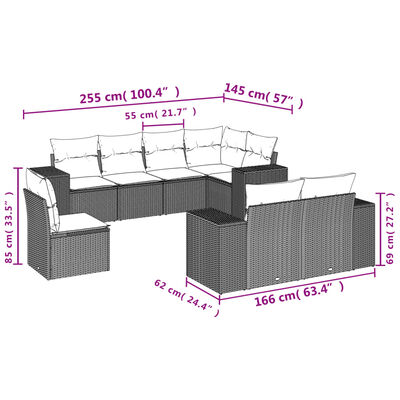 vidaXL Set de sofás de jardín 8 pzas y cojines ratán sintético gris