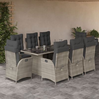 vidaXL Set comedor de jardín 9 pzas cojines ratán sintético gris claro