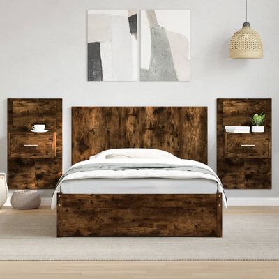 vidaXL Cabecero cama con mesitas madera ingeniería roble ahumado 120cm