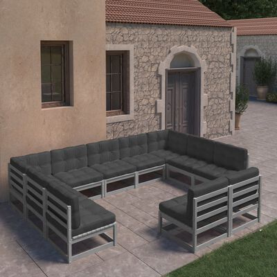 vidaXL Set de muebles de jardín 11 pzas con cojines madera pino gris