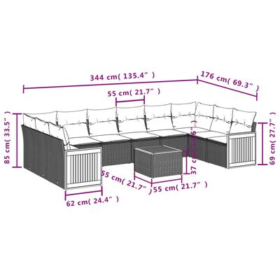 vidaXL Set de sofás de jardín 11 pzas y cojines ratán sintético negro