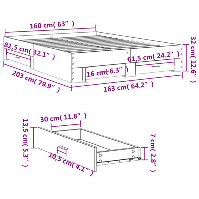 vidaXL Cama con cajones madera ingeniería marrón roble 160x200 cm