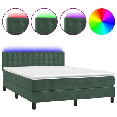 vidaXL Cama box spring colchón y LED terciopelo verde oscuro 140x190cm