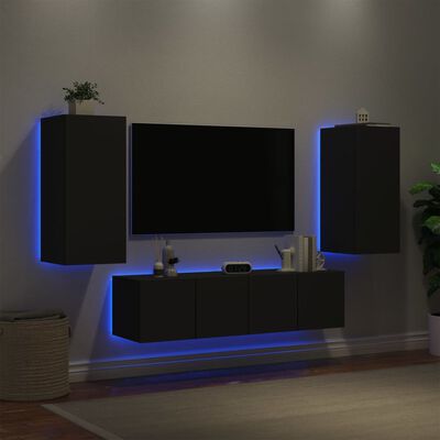 vidaXL Muebles de TV de pared con LED 4 pzas madera ingeniería negro