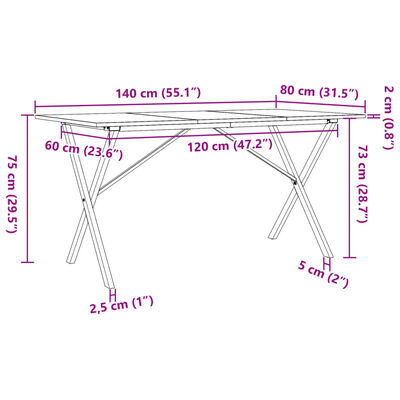 vidaXL Mesa de comedor marco X madera maciza pino y hierro 140x80x75cm