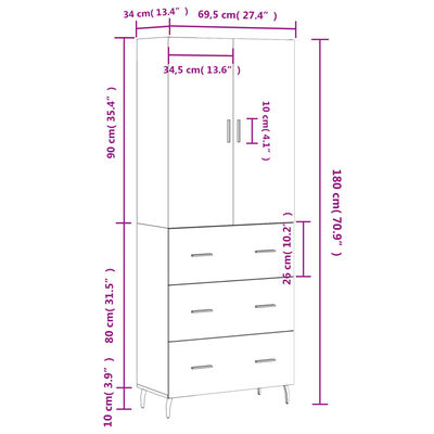 vidaXL Aparador alto madera contrachapada roble ahumado 69,5x34x180 cm